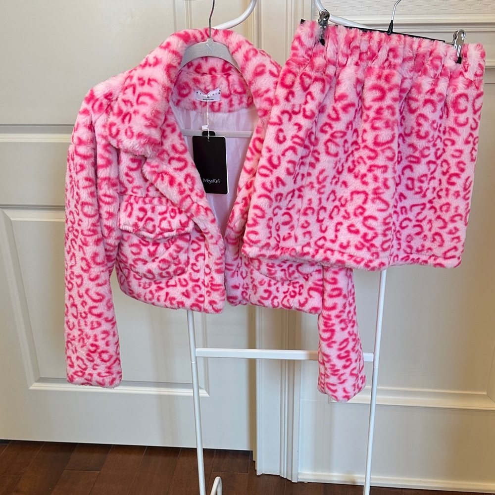 Pink Leopard Print Jacket and Skirt Set